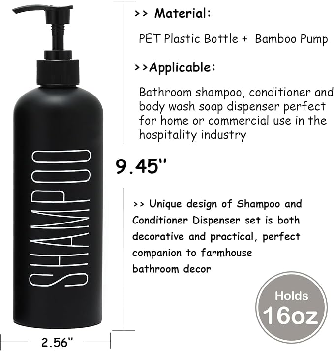 HOMCDALY Black Shampoo and Conditioner Dispenser, 16oz 3-Pack Refillable Pump - Image 3