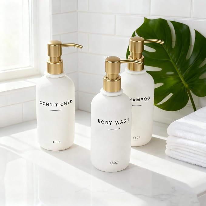 Set of 3 Shampoo and Conditioner Dispenser Stainless steel pump head - 16oz - Image 3