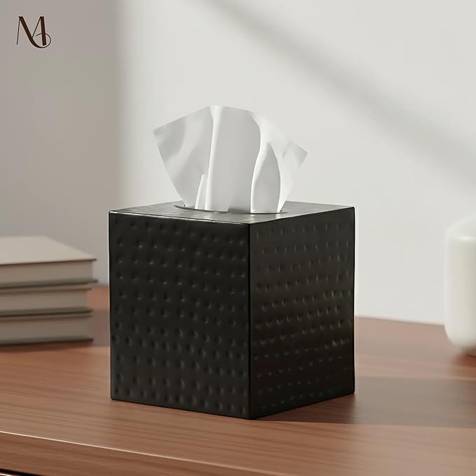 Monarch Abode Tissue Box Cover Square – Hand Hammered Black Metal Tissue Holder - Image 2