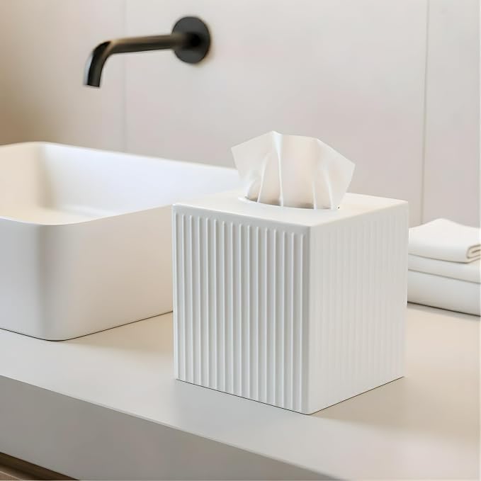 Monarch Abode Tissue Box Cover Square – Handcrafted Ridge Embossed White Metal - Image 3