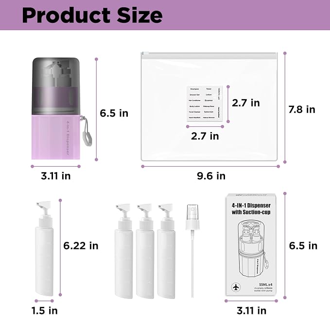 4 in 1 Travel Dispenser Bottle, TSA Approved Refillable Shampoo and Conditioner - Image 6