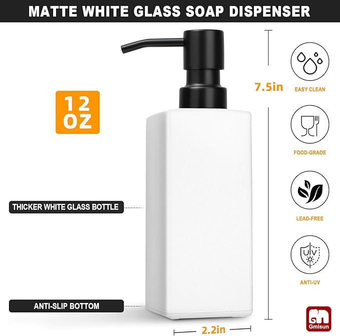 GMISUN White Soap Dispenser Bathroom, Hand Glass Soap Dispenser - Image 2