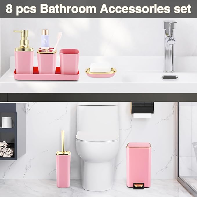 Pink Bathroom Accessories Set 8 Piece Pink and Gold Bathroom Set, Bathroom Sets - Image 8