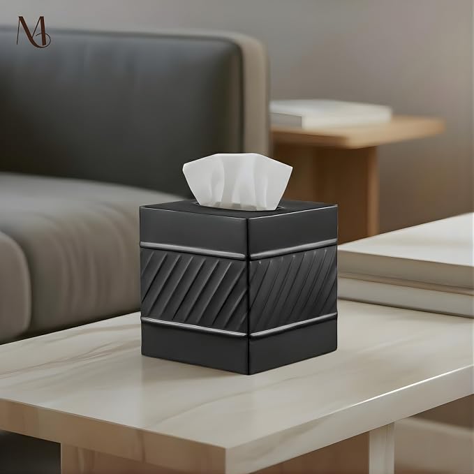 Monarch Abode Tissue Box Cover Square – Handcrafted Wave Embossed Black Metal - Image 4