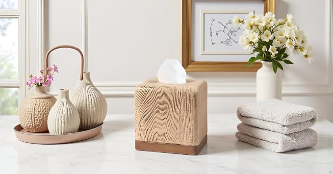 Hymmah Wooden Texture Square Tissue Box Cover Cube Tissue Holder Unique Design - Image 7
