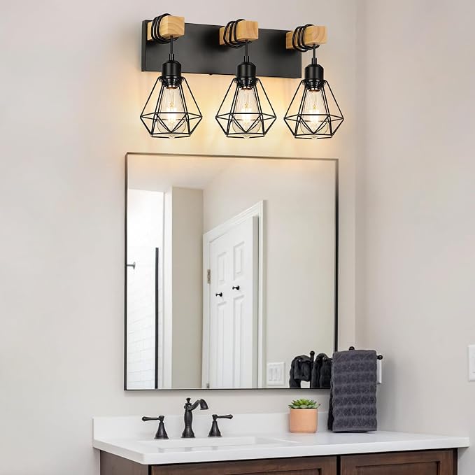 3-Light Farmhouse Vanity Light, Industrial Wood Bathroom Light Fixtures Over - Image 8