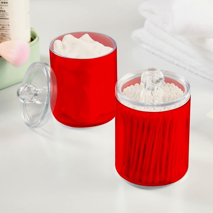Red Qtip Holder Organizer Dispenser Cotton Swabs Cans Plastic Jars - Image 5