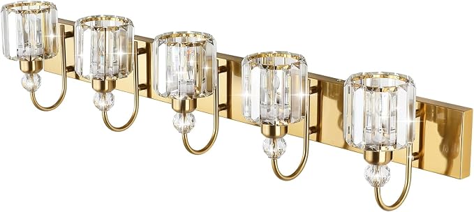 Ralbay Crystal Vanity Lights 5-Lights Brass Gold Over Mirror Modern Bathroom - Image 2