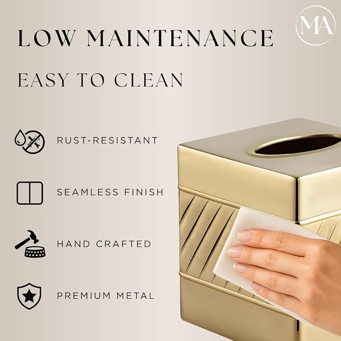 Monarch Abode Tissue Box Cover Square – Handcrafted Wave Embossed Brushed Gold - Image 3