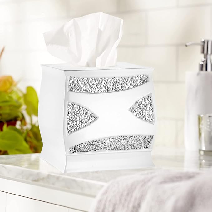 Zahari Home 2pc Sinatra White Modern Bath Accessories Set Waste Basket & Tissue - Image 3