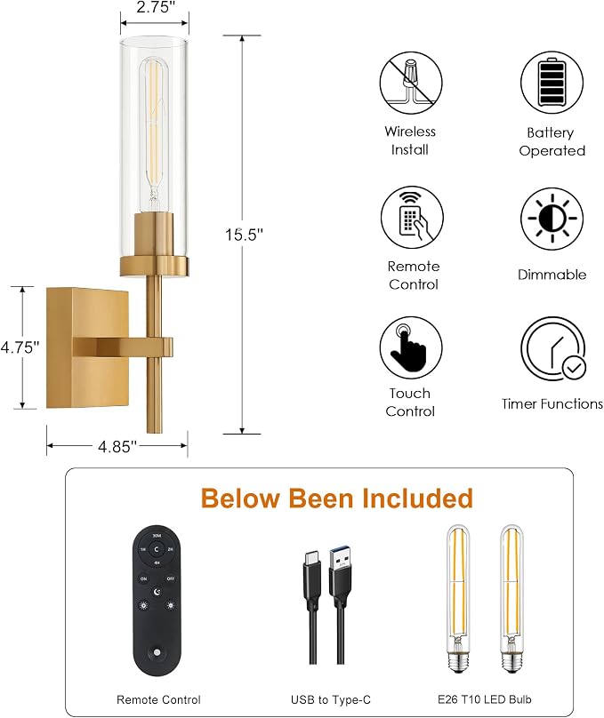 Gold Battery Operated Wall Sconce Set of 2, Wireless Wall Sconces - Image 7