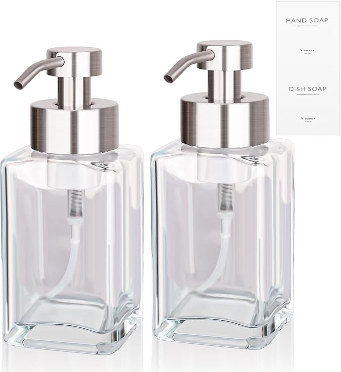 Foaming Soap Dispenser with Stainless Steel Pump, 12oz Refillable Glass Liquid by UUJOLY