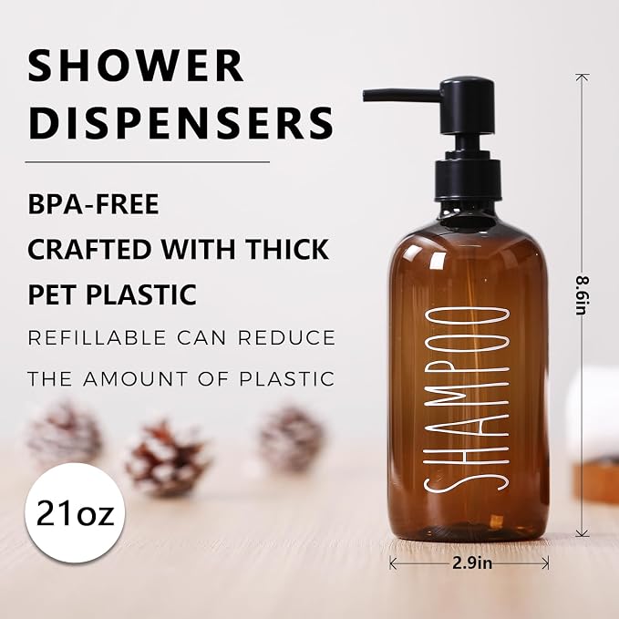 HOMCDALY Shampoo and Conditioner Dispenser Set of 3, 21oz Shower Soap Bottles - Image 2