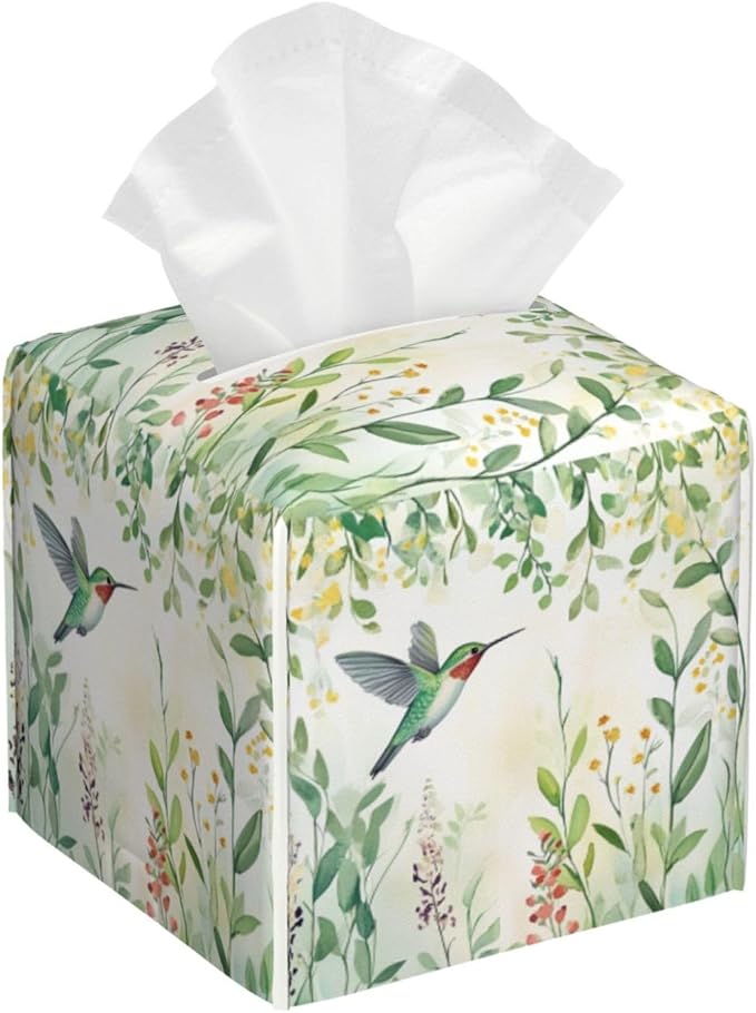 Green Leaves Hummingbird Spring Tissue Box Cover Watercolor Floral Square by HOYYU