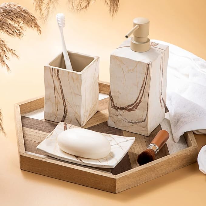 Bathroom Accessories Set 4 Pieces Toothbrush Holder Soap Dispenser Ceramic - Image 5