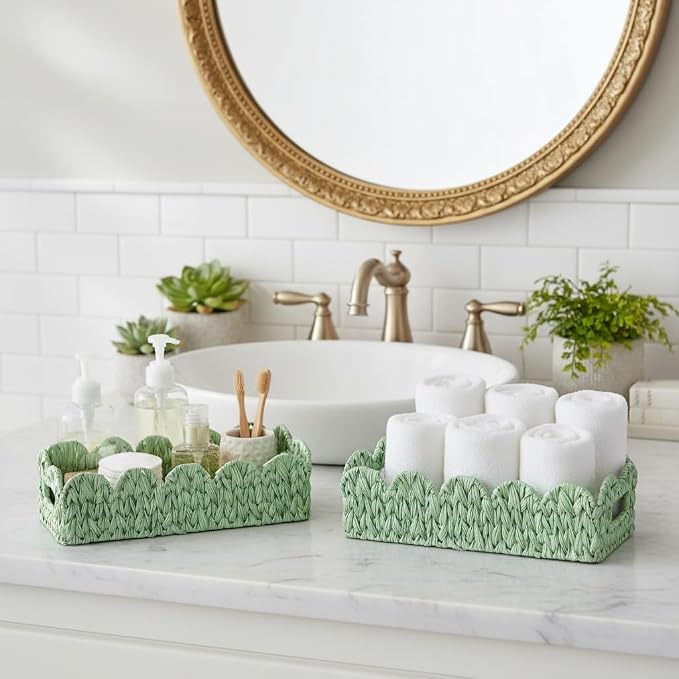 Green Toilet Basket, 2 Pack Scalloped Wicker Basket - Image 2
