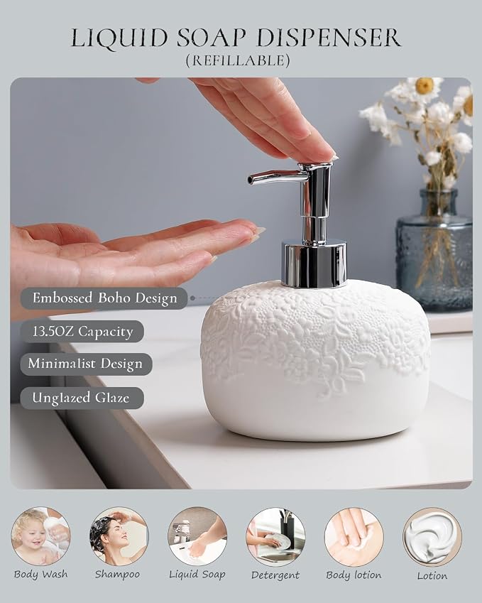 Bathroom Accessories Set with Embossed Design 4PCS, Ceramic White Bathroom - Image 3