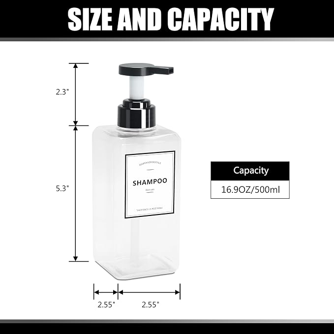 YACAYACE 16.9oz Clear Shampoo and Conditioner Dispenser Set, Refillable Pump - Image 3