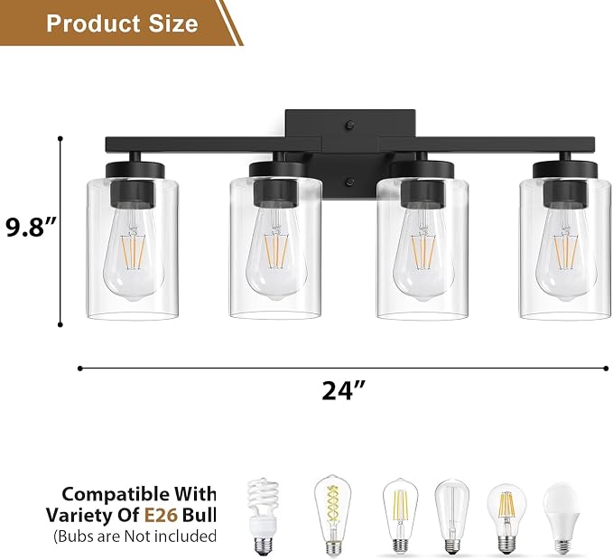 IZORRO Modern Bathroom Light Fixtures, 4 Light Black Vanity Lights, Bathroom - Image 3