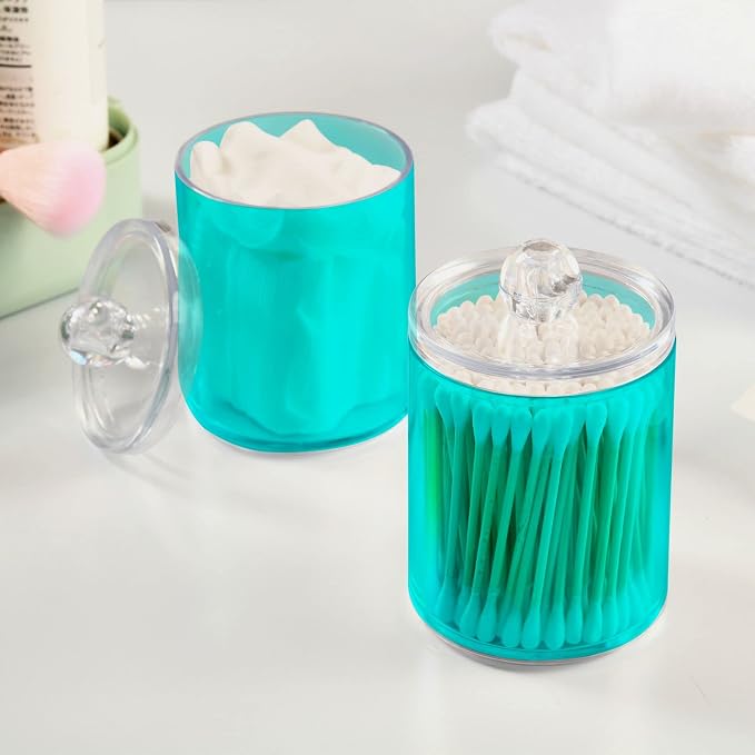 Teal Green Qtip Holder Organizer Dispenser Cotton Swabs Cans Plastic Jars - Image 5