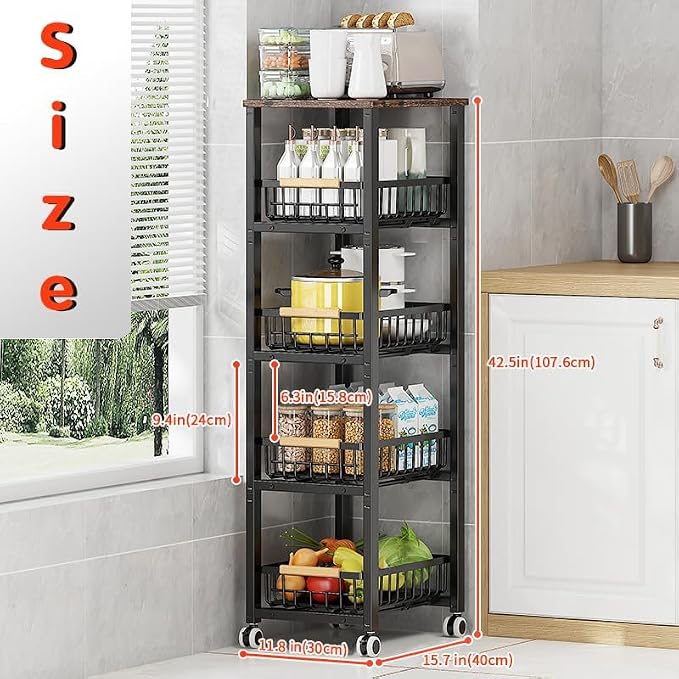 Metal Wire Baskets with Wheels, Stackable Storage Bins Kitchen Organizer Shelf - Image 3