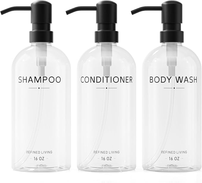 Shampoo and Conditioner Dispenser Set, 3 Refillable 16oz Bottles by Aeakey