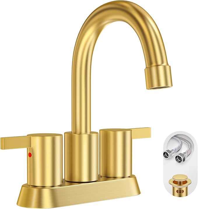 Brushed Gold 4 Inch 2 Handle Centerset Lead-Free Bathroom Faucet, Swivel Spout by Phiestina