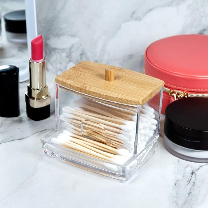 NAGU Acrylic Qtip Holder with Bamboo Lid, Plastic Ear Stick Swabs Holder - Image 5
