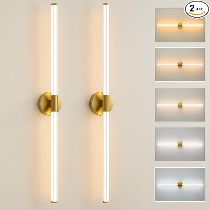 Glod Wall Sconces Set of 2 Hardwired, Dimmable 5CCT LED Bathroom Light Fixtures by Gednbo