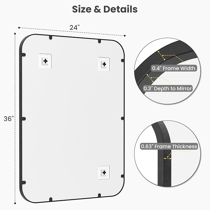 2-Pack 24x36 Inch Matte Black Bathroom Vanity Mirrors | Flush Mount Deep Set - Image 3