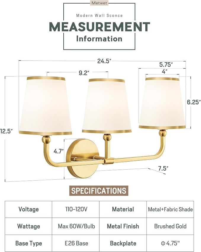 3-Light Bathroom Light Fixtures, Brushed Gold Vanity Lights Over Mirror - Image 3