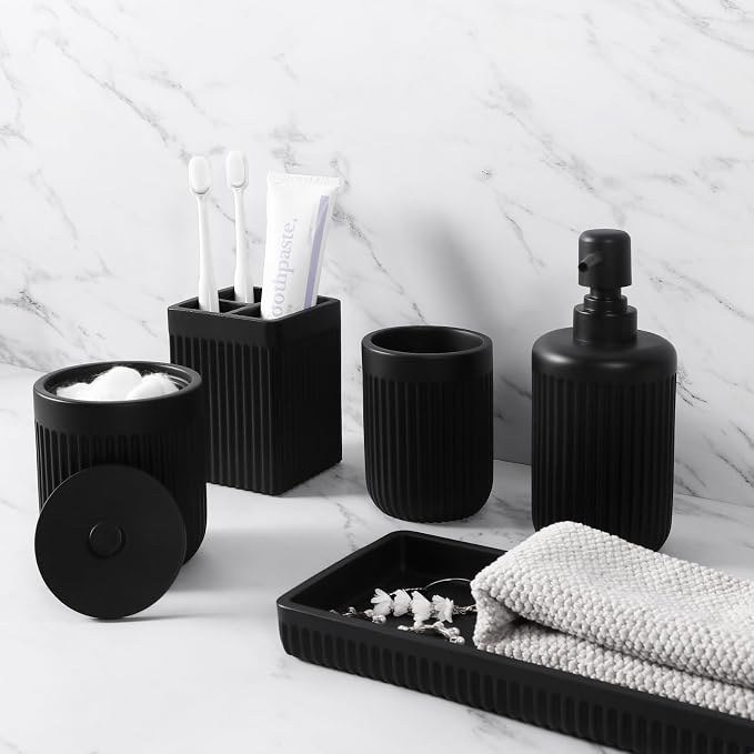 Resin Matte Black Bathroom Accessories Set 5 Pcs, Lotion Soap Dispenser by BetterbathroomwithXLHOME