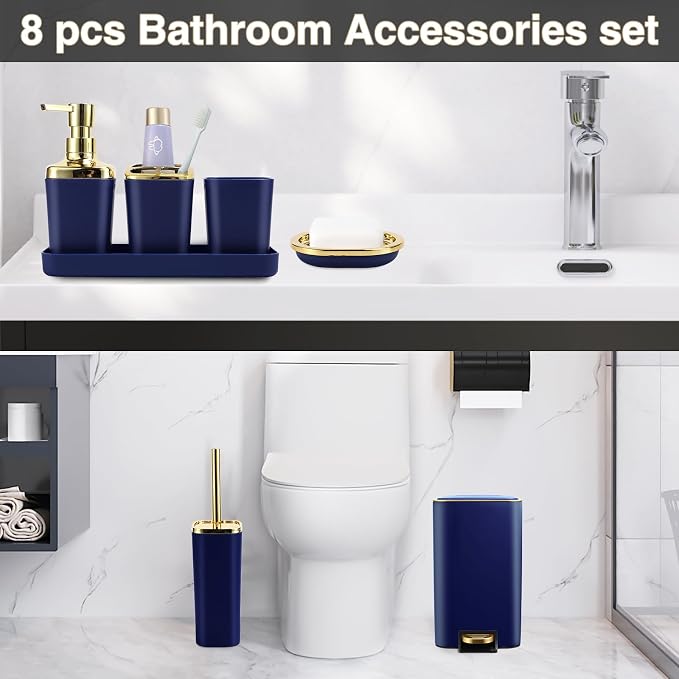 Navy Blue Bathroom Accessories Set 8 Piece Navy Blue and Gold Bathroom Set - Image 8