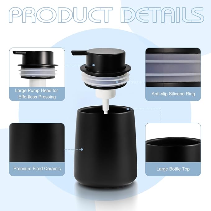 Ceramic Foam Soap Dispenser 2 Pack, 12oz Matte Black Lotion Hand Sanitizer Soap - Image 3