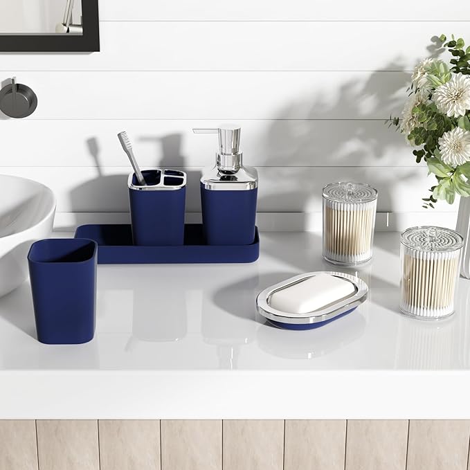 Navy Blue Bathroom Accessories Set, 9-Piece Plastic Gift Set - Image 4