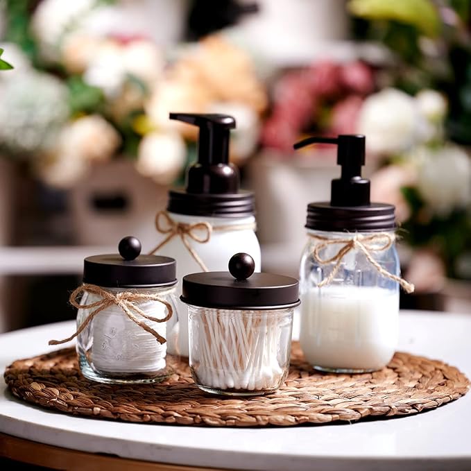 Amolliar Mason Jar Bathroom Accessories Set -Bronze-Lotion Soap Dispenser&Qtip - Image 7