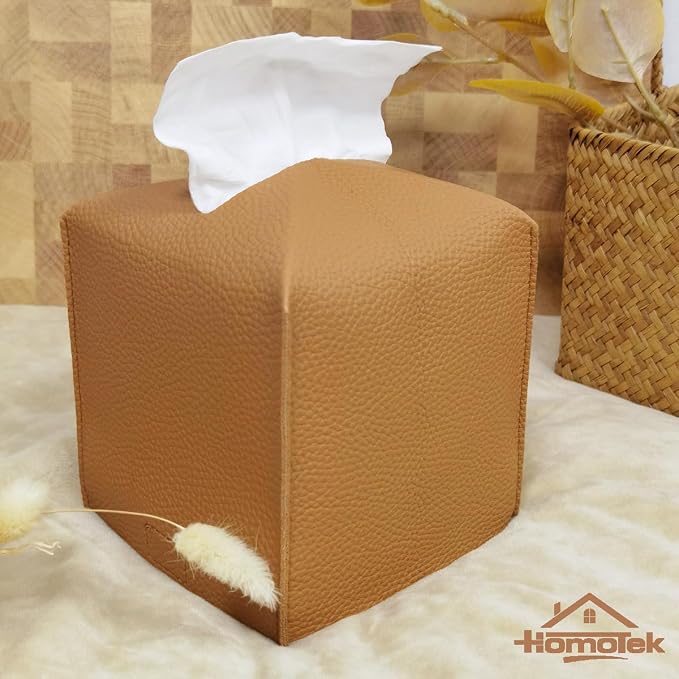 HOMOTEK 2 Pack Tissue Box Cover, Square PU Leather Tissue Holder, Decorative - Image 5