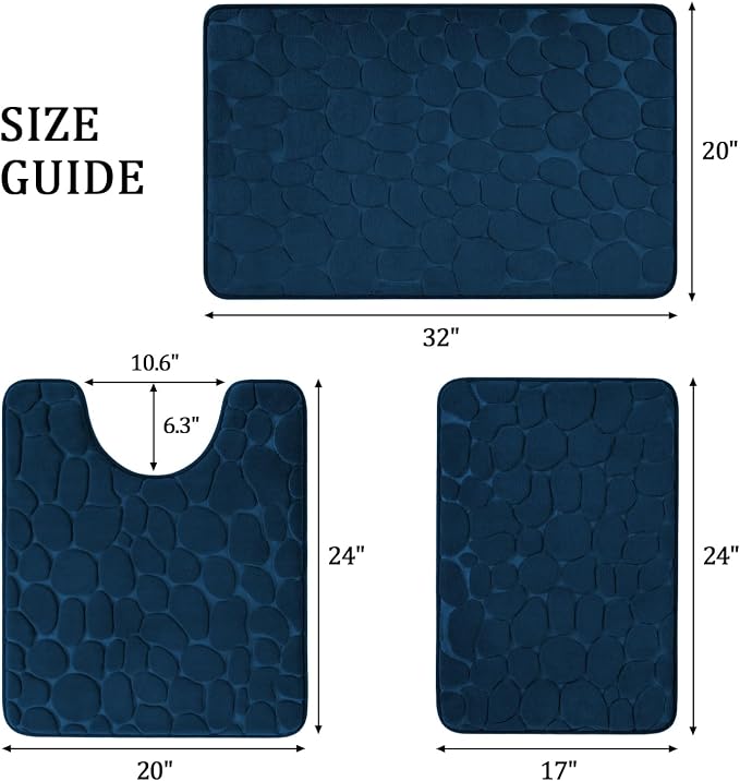 YIHOUSE Bathroom Rugs Mat Set 3 Piece Dark Blue, Memory Foam Bath Mats Sets - Image 2