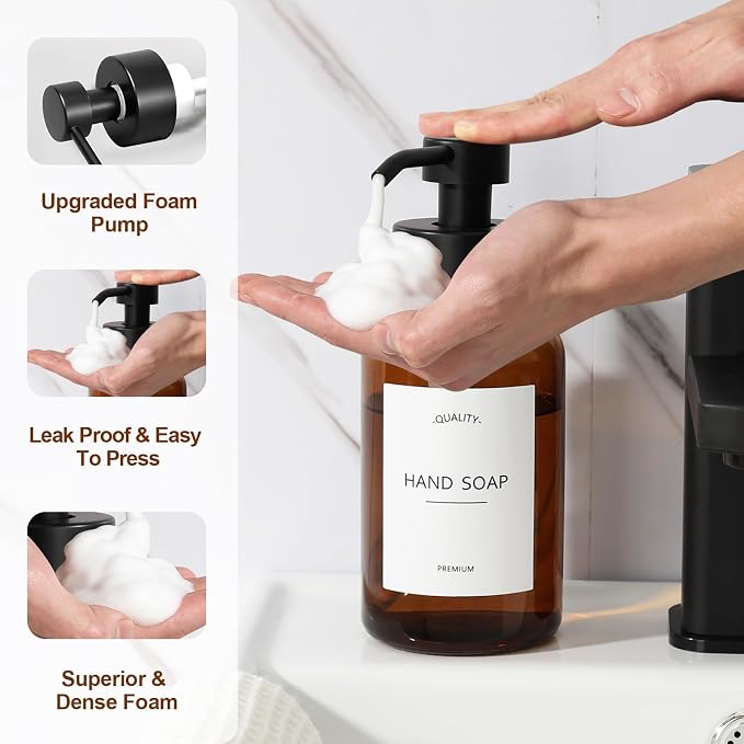 Amber Foam Soap Dispenser, 14.1 oz/400ml Foaming Hand Soap Dispenser, 2 Pack - Image 4