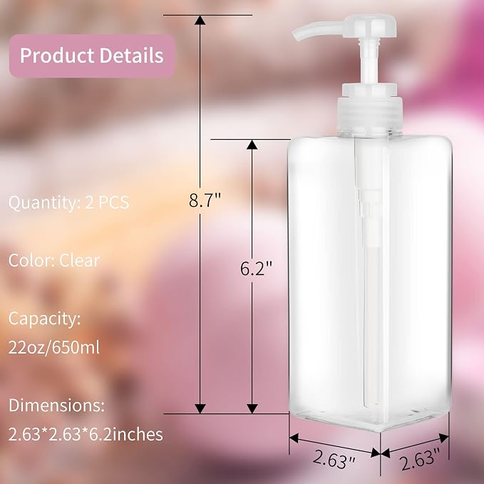 Pump Bottle Dispenser 22oz/650ml Jansburg 2Pack Refillable Square Plastic - Image 3