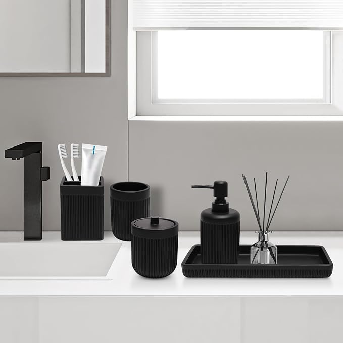 Resin Matte Black Bathroom Accessories Set 5 Pcs, Lotion Soap Dispenser - Image 9