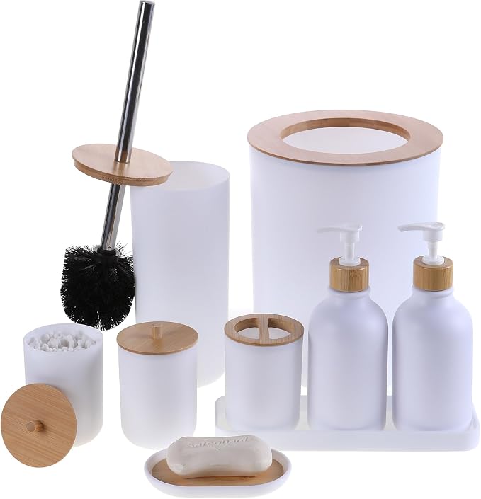Matte White Bathroom Accessories Set 9PCS, Bamboo Bathroom Accessories Sets by Unknown