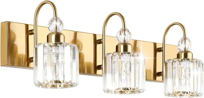 Ralbay Brass Gold Bathroom Vanity Lights 3-Lights Brass Gold Crystal Vanity by RalbayLighting
