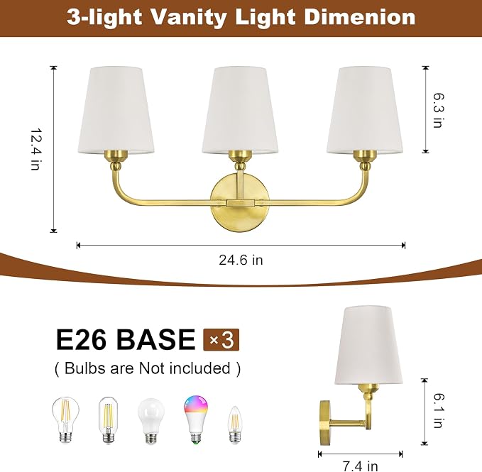Bathroom Vanity Light, Brushed Gold Bathroom Light Fixtures, 3-Light Lighting - Image 2