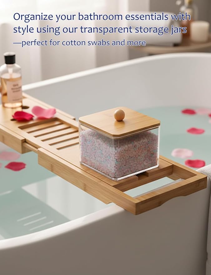 Cotton Swab Holder with Bamboo Lid, Single Layer Bathroom Countertop Organizer - Image 4