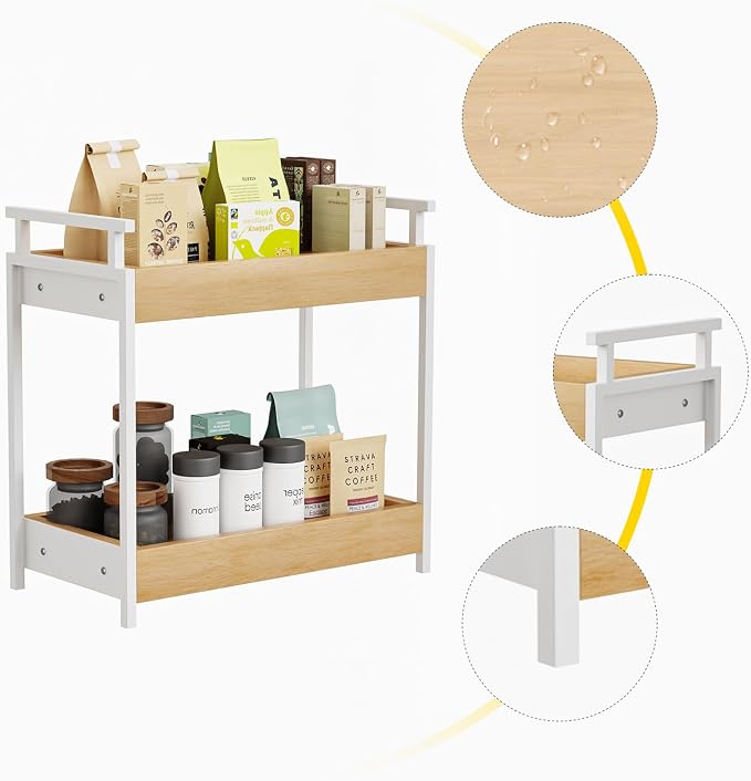 KLM Countertop Coffee Station Organizer, 2 Tier Wooden Shelf - Image 6