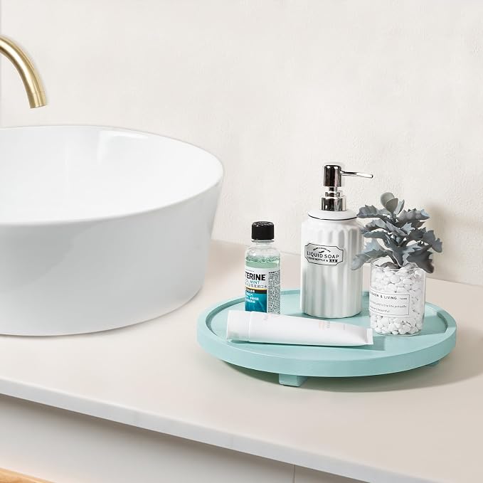 Round Decorative Tray Wood Bathroom Counter Organizer Farmhouse Kitchen Decor - Image 2