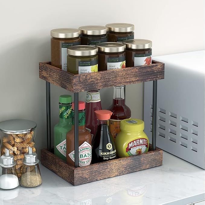 2 Tier Bathroom Organizer Countertop, Wooden Bathroom Trays - Image 2