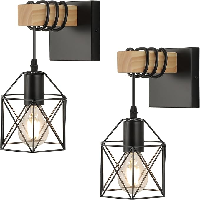 Plug in Wall Sconces Set of Two, Farmhouse Wall Mount Lighting, Wood Rustic by foucasalLighting