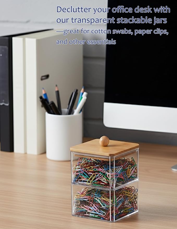Cotton Swab Holder with Bamboo Lid, Double Layer Stackable Bathroom Organizer - Image 7